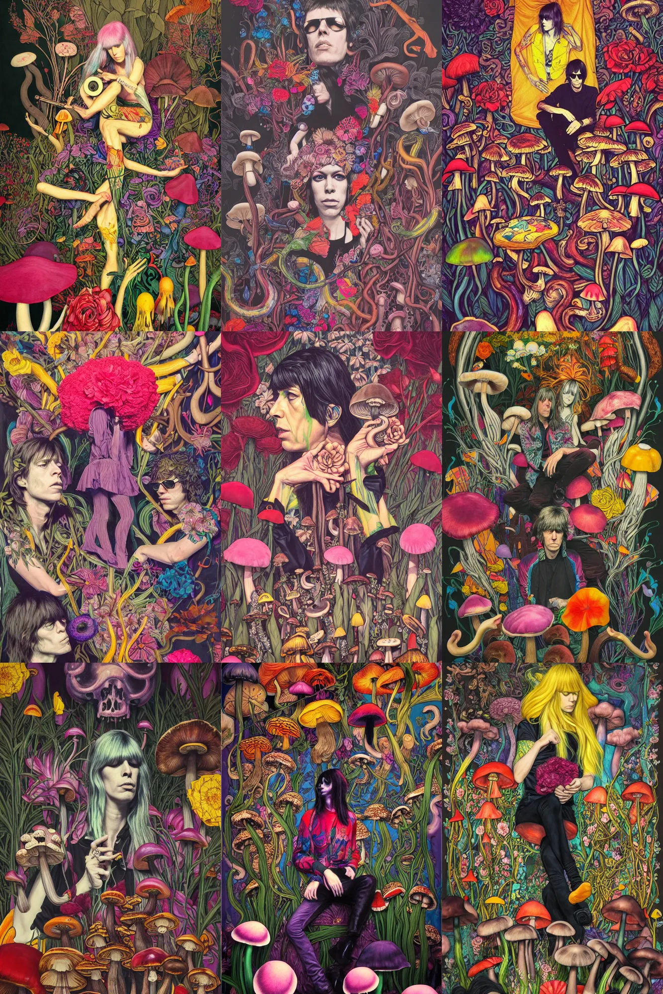 Prompt: the velvet underground and nico playing live on stage, beautiful stage decoration in the background featuring flowers and mushrooms, painting by james jean, very detailed and colorful and ornamental and moody and relaxed and high on drugs, trending on artstation, behance contest winner