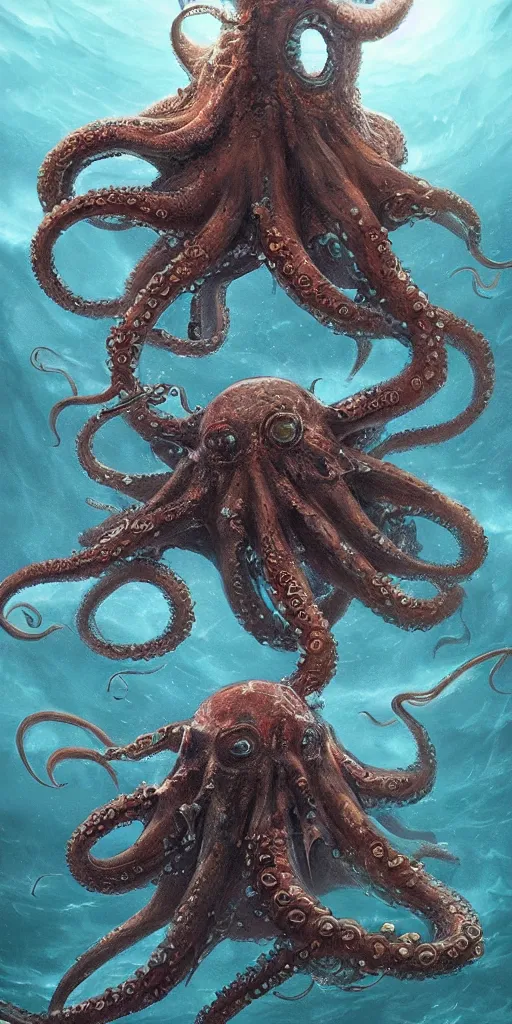 Image similar to A monstrous giant octopus in the middle of the sea, fantasy art, in the style of greg rutkowski, illustration, epic, fantasy, intricate, hyper detailed, artstation, concept art, smooth, sharp focus, ray tracing