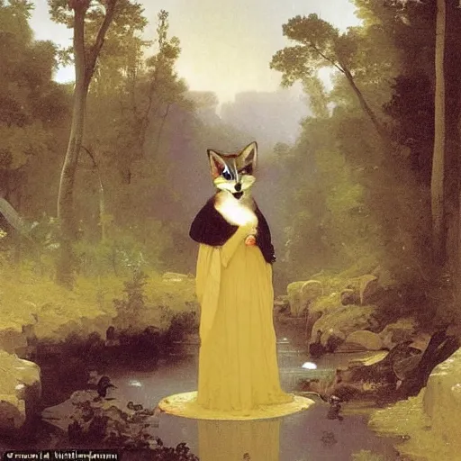 Image similar to An animal portrait of a fox in a flowing dress by Robert Cleminson and William-Adolph Bouguereau, forest and rivers in the background by Albert Bierstadt