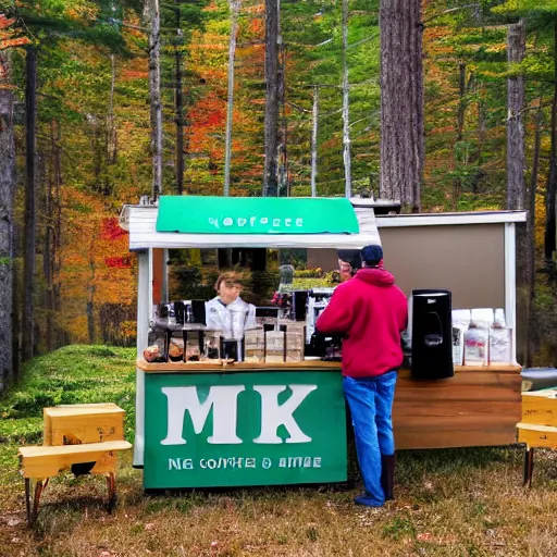 Image similar to a family of moose selling coffee at a stand in new hampshire, realistic, 8 k