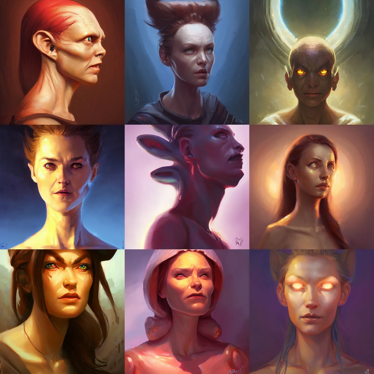 Prompt: three quarter view, extraterrestrial female portrait, cultured, friendly, whole head, 3/4 view, dramatic lighting, painted by andreas rocha