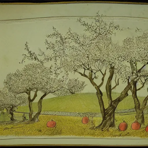 Image similar to A beautiful illustration depicting a farm scene. The illustration shows a view of an orchard with trees in bloom. ink drawing, illuminated codex gilded by Paul Barson cosy