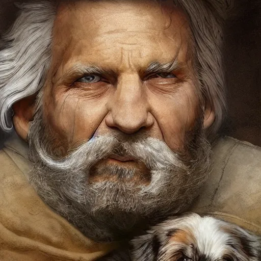 Image similar to portrait of a old, ruggedly handsome bearded man next to a corgi dog, soft hair, muscular, half body, cloth, d & d, fantasy, intricate, elegant, highly detailed, digital painting, artstation, concept art, smooth, sharp focus, illustration, art by artgerm and greg rutkowski and alphonse mucha