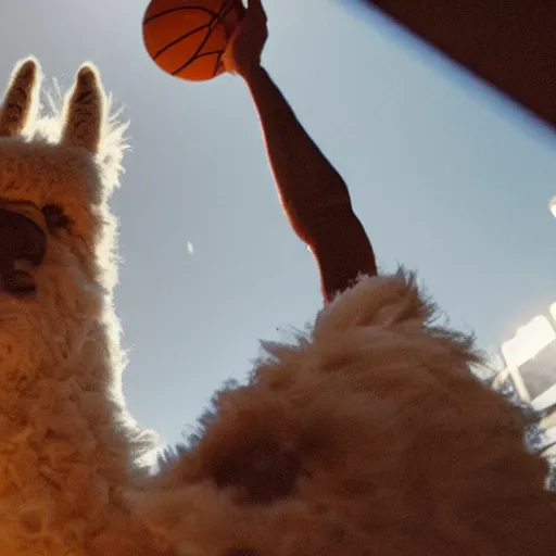 Prompt: film still of a fluffy llama in a jersey dunking a basketball like michael jordan, low angle, shot from below, tilted frame, 3 5 °, dutch angle, extreme long shot, high detail, indoors, dramatic backlighting