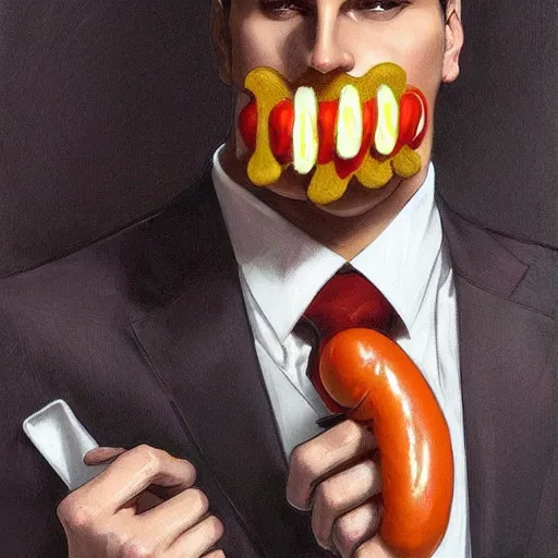 Image similar to man wearing a suit made of hotdog. he is dressed as a superhero. clean elegant painting, beautiful detailed face. by artgerm and greg rutkowski and alphonse mucha