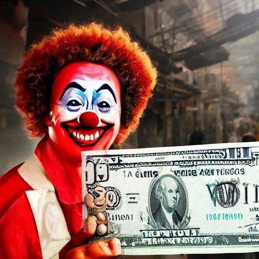 Image similar to A clown holding a dollar banknote, background is a slum, cinematic, epic, highly-detailed, photo realistic