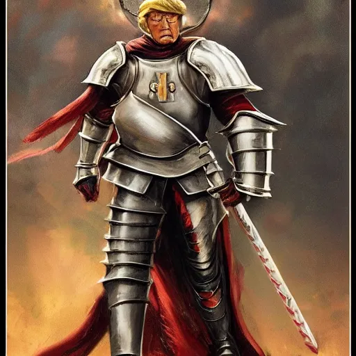 Prompt: cinematic front shot, two arms, two legs, two knights gauntlets, donald trump as a knight, shinning armor, knights armor, donald trumps sexy face, intimidating pose, donald trump wearing a crown, by hans thoma