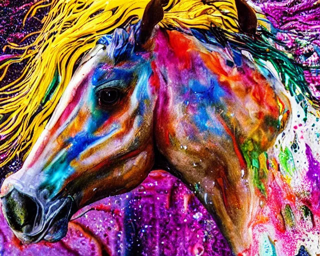 Image similar to still shot close up footage of the portrait of a horse head made of acrylic pour and coloured powder explosion and splashing paint and dripping paint and flying paint chunks, motion blur, hyperrealistic, medical, intricate art photography, anatomically correct, realistic crisp textures, 1 6 k
