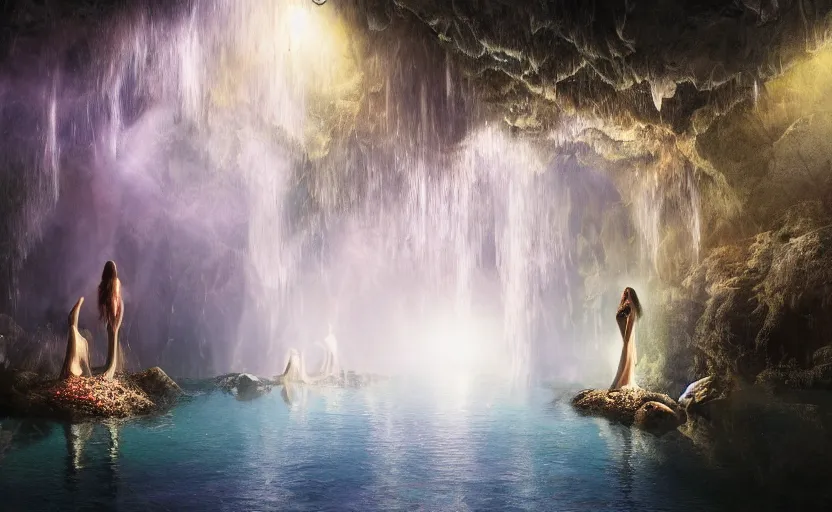 Prompt: a beautiful and stunning professional digital artwork of women worshipping god in cave, haze, spores floating in the air, waterfall, volumetric lighting, hyperrealistic, rtx on, ultra detail