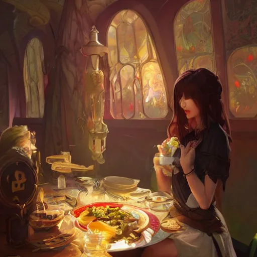 Image similar to a dinner date with the girl next door, slice of life, varying ethnicities, fantasy, elegant, highly detailed, digital painting, artstation, concept art, matte, sharp focus, illustration, hearthstone, art by Artgerm and Greg Rutkowski and Alphonse Mucha