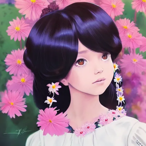 Image similar to little indigenous girl with flowers in hair wearing an white dress. art by ilya kuvshinov, profile picture, inspired in hirohiko araki, realistic, highly detailed, 8 0 s anime art style, vogue cover