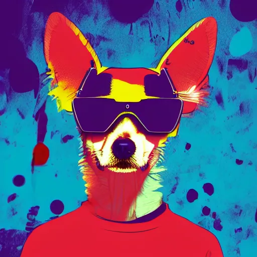 Image similar to illustration of cyberpunk chihuahua in vr helmet, colorful splatters, by andy warhol and by zac retz and by kezie demessance