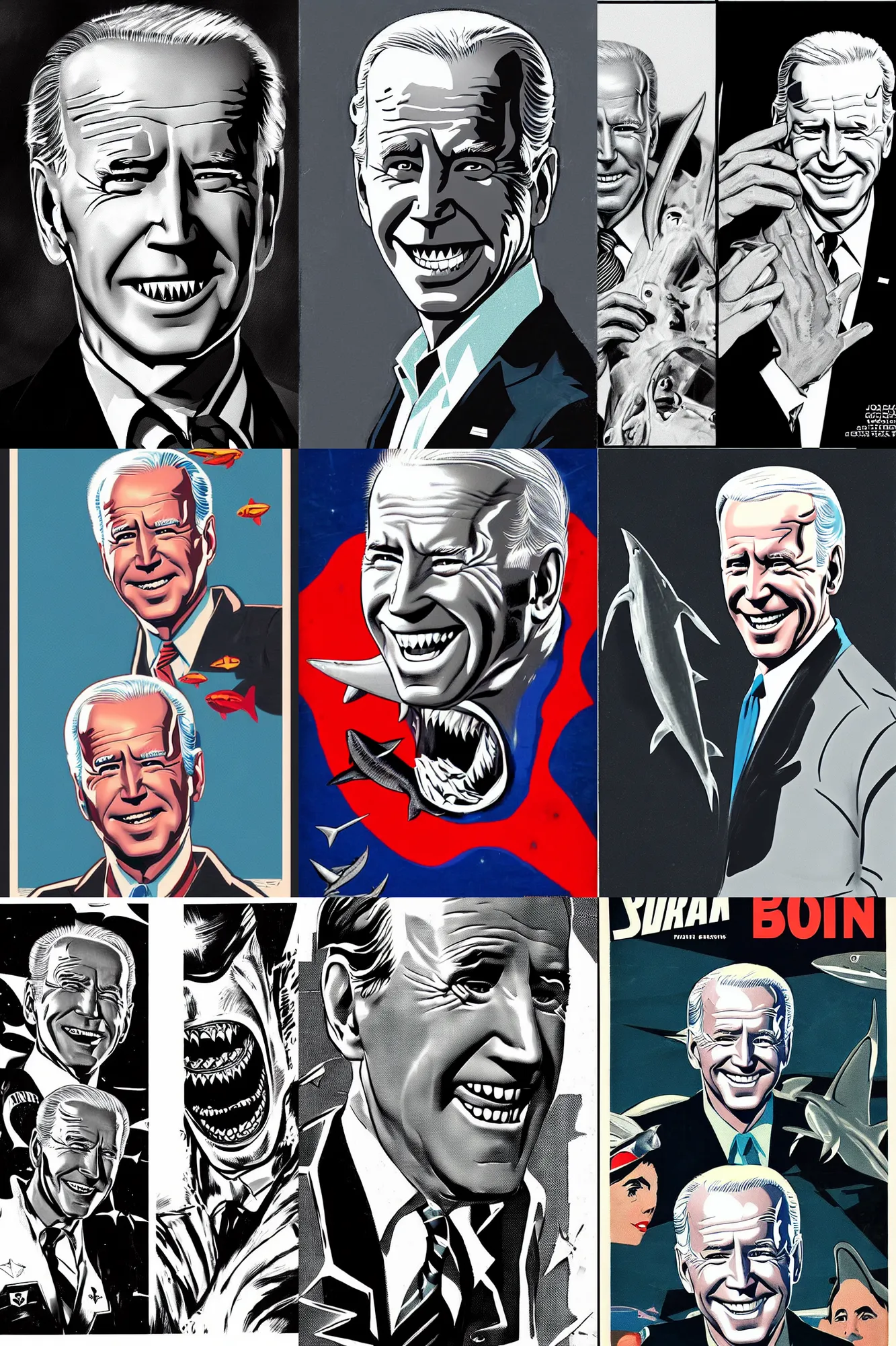 Prompt: scifi portrait of Joe Biden with shark teeth. McGinnis, pulp comic style, circa 1958, photorealism