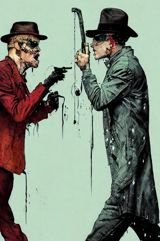 Image similar to Rorschach and The Comedian aka Edward Morgan Blake from the movie Watchmen painted by Norman Rockwell, Greg Rutkowski and Dave Gibbons, Sadamoto Yoshiyuki, Yoki Shinkawa, high detailed perfect faces, trending on Artstation, page scan from book, watchmen comics color scheme, noisy film grain effect, super wide shot, 30mm, intricate, fine details, trending on artstation,