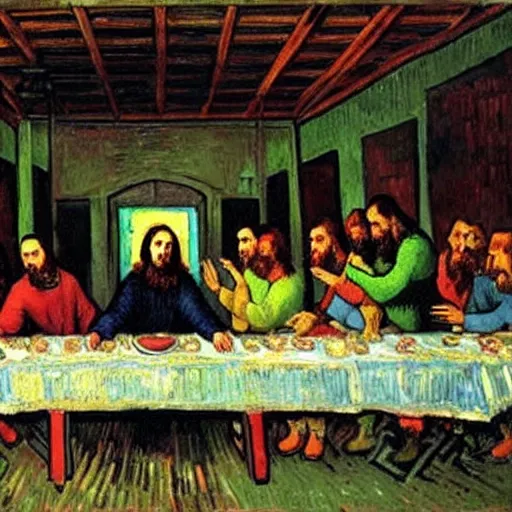 Image similar to nic cage in the last supper as painted by vincent van gogh