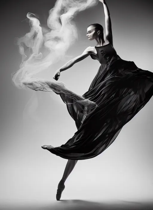 Prompt: a Photorealistic dramatic hyperrealistic render of a glamorous beautiful Female smoke dancer by Ken Brower and Deborah Ory of NYC Dance project,Lois Greenfield,Flowing cloth and smoke,Beautiful dynamic dramatic dark moody lighting,volumetric,shadows,cinematic atmosphere,Octane render,8K