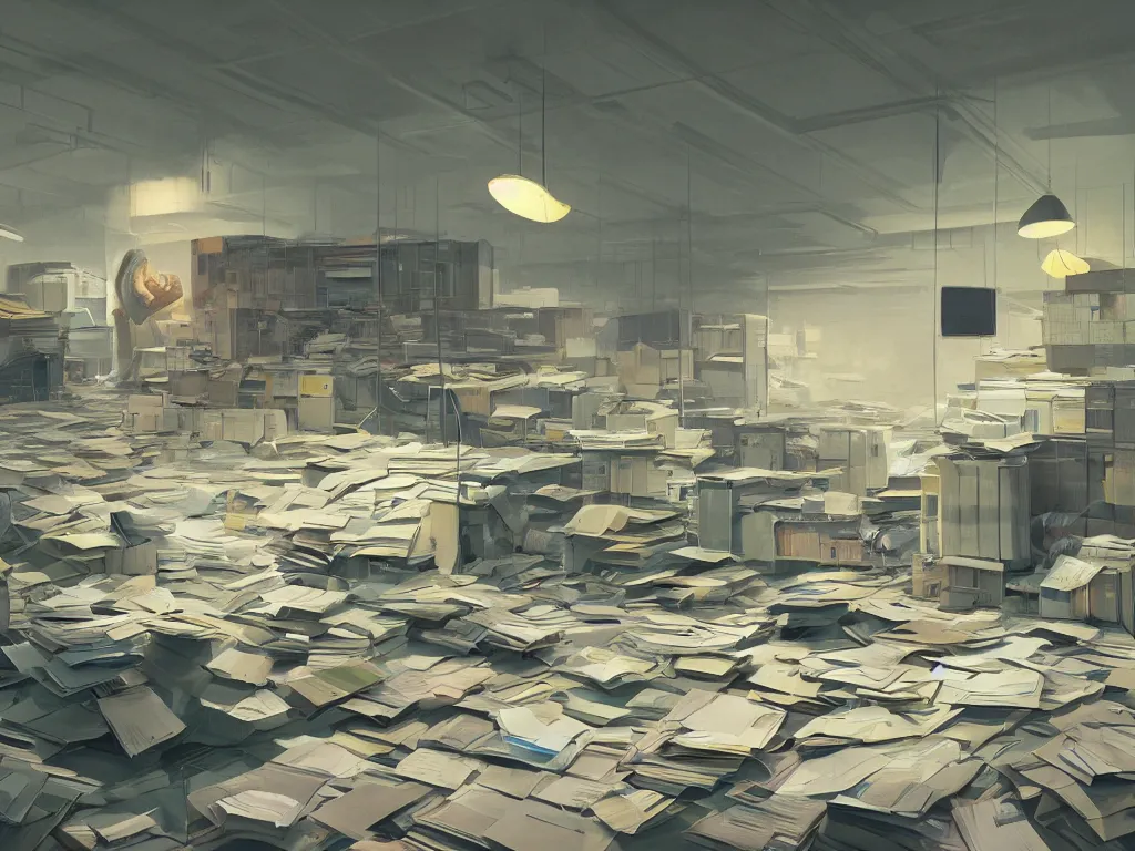 Image similar to a a huge room with large stacks of paper and files in a painting from stalenhag, 4 k, 8 k, hdr, artstation, concept art