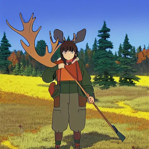 Image similar to Autumn moose hunter, studio ghibli, ultra detailed