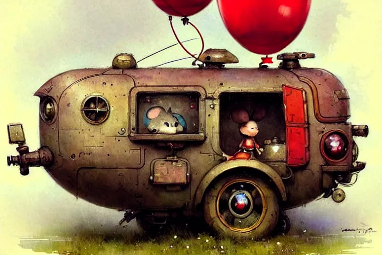 Prompt: adventurer ( ( ( ( ( 1 9 5 0 s retro future robot mouse balloon birthday party wagon house. muted colors. ) ) ) ) ) by jean baptiste monge!!!!!!!!!!!!!!!!!!!!!!!!! chrome red