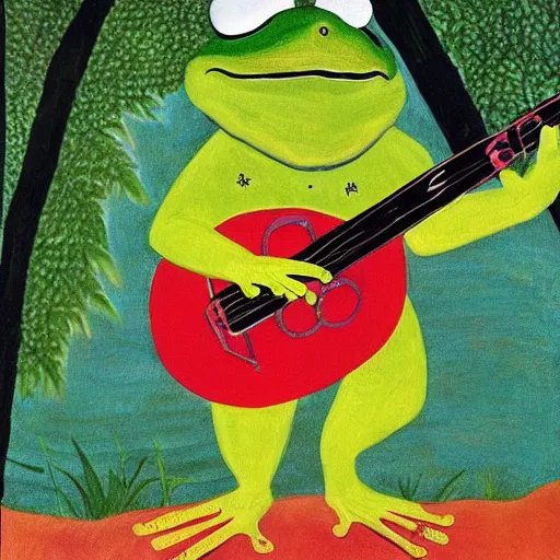 Prompt: frog playing the banjo in a louisiana swamp. Classic americana folk art. Thick linework and bright primary colors. Grandma Moses is the artist