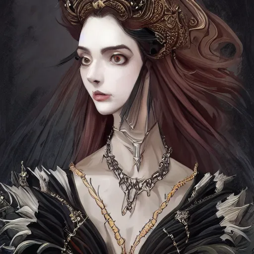 Prompt: portrait of lady dimitrescu, baroque style, elegant, beautiful, mesmerizing, concept art, fancy clothing, highly detailed, artstation, behance, deviantart, inspired by innocent manga, inspired by castlevania concept art, trending, ayami kojima, shinichi sakamoto