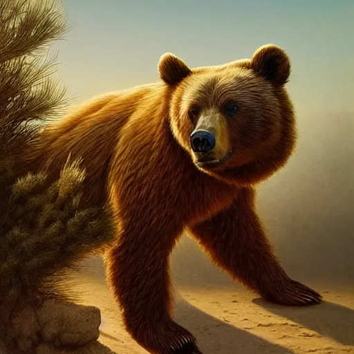 Image similar to a stunning hyperrealistic bear from the movie Annilihation walking through an arid minimalistic desert with harsh noon sunlight with an oasis in the background, award-winning, masterpiece, in the style of Tom Bagshaw, Cedric Peyravernay, Peter Mohrbacher