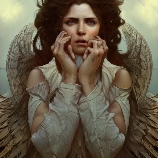 Image similar to portrait of a fallen angel with fading wings, intricate, headshot, highly detailed, digital painting, artstation, concept art, sharp focus, cinematic lighting, illustration, art by artgerm and greg rutkowski, alphonse mucha, cgsociety