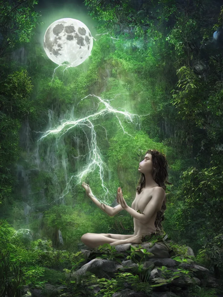 Prompt: an ancient mystical alluring female witch generating flowing energy and surrounded by wisps of green magic sits meditating in a magical overgrown garden temple, large full moon in sky, 3 d, cinema 4 d render, trending on artstation