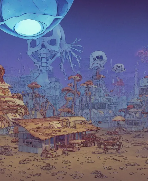 Prompt: simplicity, buildings made out of sea slugs, in the style of a spaceship, skeletons, partly cloudy, spooky, dramatic lighting, by geof darrow, bill sienkiewicz, dan mumford, yusuke murata, makoto shinkai, ross tran, cinematic, unreal engine, cel shaded, featured on artstation, pixiv