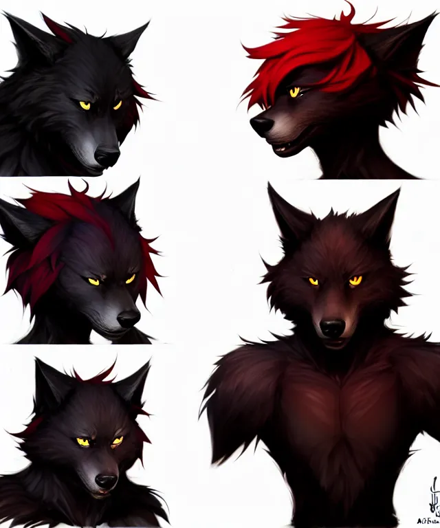 Prompt: character concept art of a black anthropomorphic male furry wolf long red hair | | cute - fine - face, pretty face, key visual, realistic shaded perfect face, fine details by stanley artgerm lau, wlop, rossdraws, james jean, andrei riabovitchev, marc simonetti, and sakimichan, trending on artstation