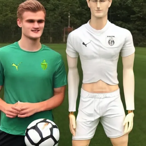 Image similar to a realistic detailed photo of a guy who is an attractive humanoid who is half robot and half humanoid, who is a male android, soccer players martin ødegaard & timo werner, shiny skin, posing like a statue, blank stare, by the pool, on display, showing off his muscles, gold soccer shorts, no jersey, statue, many copies of them