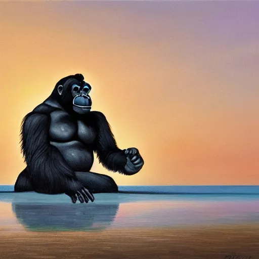 Prompt: oil painting of a gorilla standing on a small island surrounded by shallow water and trees at sunset, trending on artstation