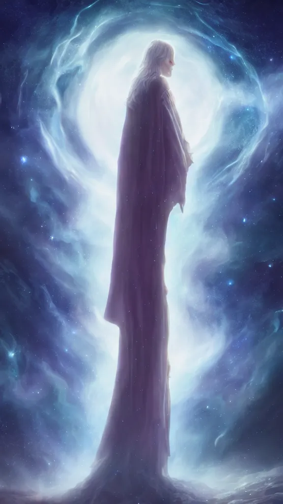 Prompt: god with a cape, full body, galaxy, and, stars, atmosphere, ethereal, insanely, detailed, volumetric, symmetrical, concept art, charlie bowater, kelly mckernan, unreal engine, 8 k