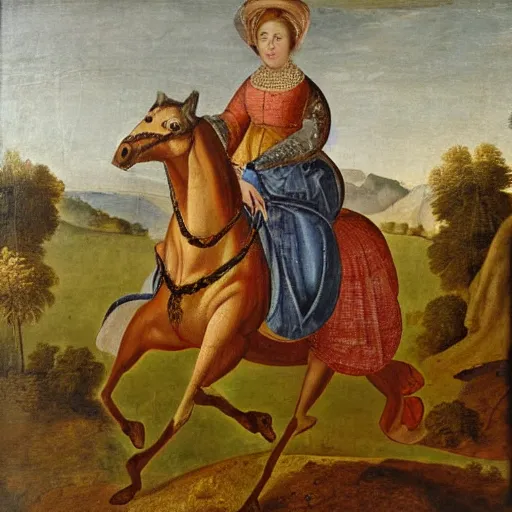 Image similar to a 1 8 th painting of a giovanna d'arco while is riding a horse, wide shot,