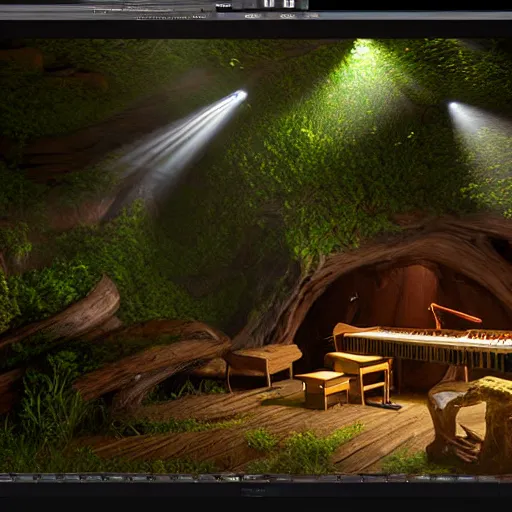 Prompt: A photorealistic wood log cave 3d music studio in with virtual people playing instruments, light rays coming out of the windows, bounce lighting, unreal engine, photorealistic