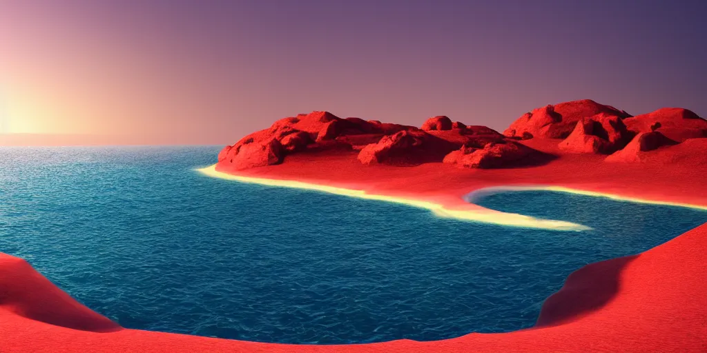 Prompt: a photo of a beach in a alien planet with a red sea and blue sand at sunrise, concept art, octane render, unreal engine 5, trending on artstation, high quality, highly detailed, 8 k hdr, trending on deviantart, red sea, blue sand, high coherence, path traced, serene landscape, breathtaking landscape, cinematic lighting, hyperrealistic, godrays