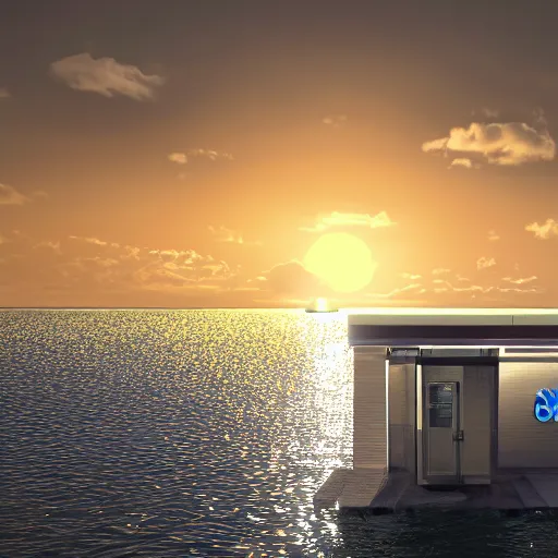 Prompt: a Walmart public restroom floating in the middle of the ocean, sunset, beautiful, ultra realistic digital art, 4k, cgsociety, HDR, Intricate, trending on artstation