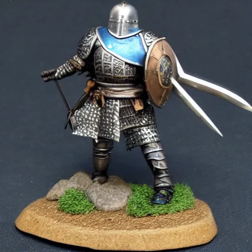 Prompt: bjorn of backwater - honorable knight of francia, standing with his blue shield at the ready and a short sword in his hand