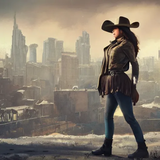 Image similar to fallout 5, charismatic beautiful, rugged, brunette female protagonist wearing a cowboy - hat, portrait, outdoors ruined cityscape, atmospheric lighting, painted, intricate, volumetric lighting, beautiful, daytime, harsh winter weather, sharp focus, deep colours, ultra detailed, by leesha hannigan, ross tran, thierry doizon, kai carpenter, ignacio fernandez rios