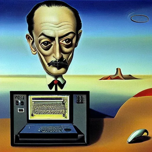 Prompt: a surreal painting of Salvador Dalí using a vintage computer in a vast surreal landscape by Salvador Dalí