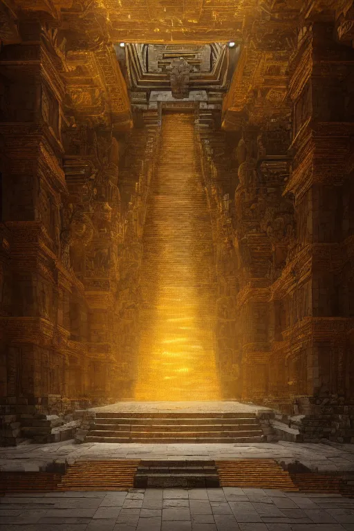 Image similar to inside a majestic aztec temple made of gold, intricate, elegant, volumetric lighting, digital painting, highly detailed, artstation, sharp focus, illustration, concept art, ruan jia, steve mccurry