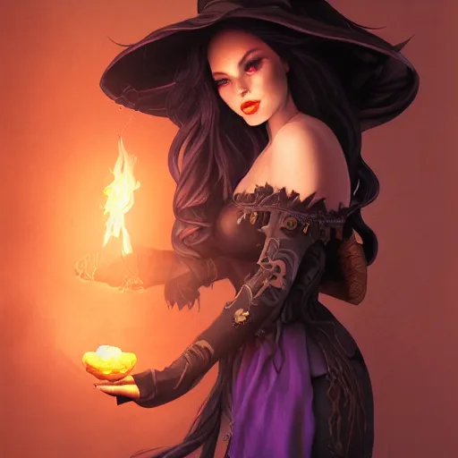 Image similar to portrait of a beautiful witch in an smoky alchemy lab, long purple hair, tightly fitting black ornate dress and black witch hat, in the style of peter mohrbacher, artgerm, dramatic lighting and composition, octane render