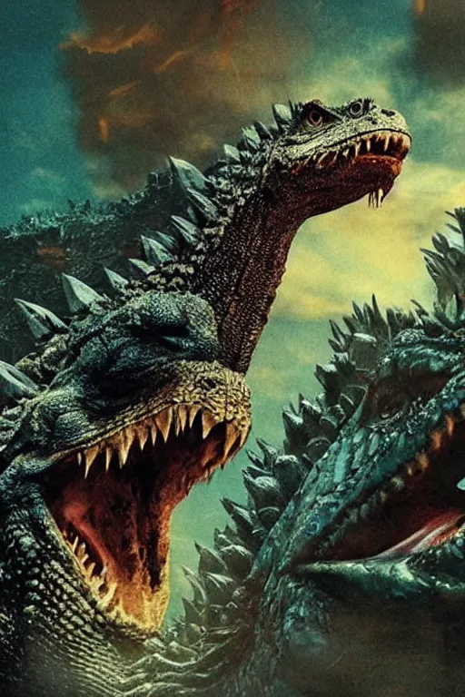 Image similar to Godzilla, kaiju, sea creature, crocodile, iguana, dragon, spikes, sharp teeth, scary look, angry