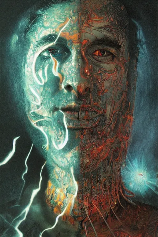 Image similar to psychedelic portrait of magician casting dark disk, very very intricate, very very elegant, highly detailed, lifelike, photorealistic, digital painting, artstation, illustration, concept art, smooth, HR GIGER , Hieronymous Bosch, Francis Bacon sharp focus, art by Greg Rutkowski and John Collier and Albert Aublet and Krenz Cushart and Artem Demura and Alphonse Mucha