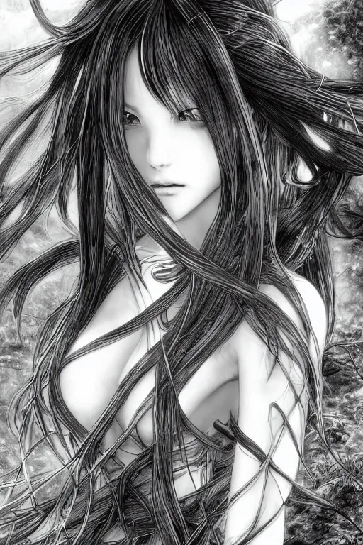 Image similar to a vertical portrait of a character in a scenic environment by Yoshitaka Amano, black and white, dreamy, cybernetic, wavy long black hair, highly detailed