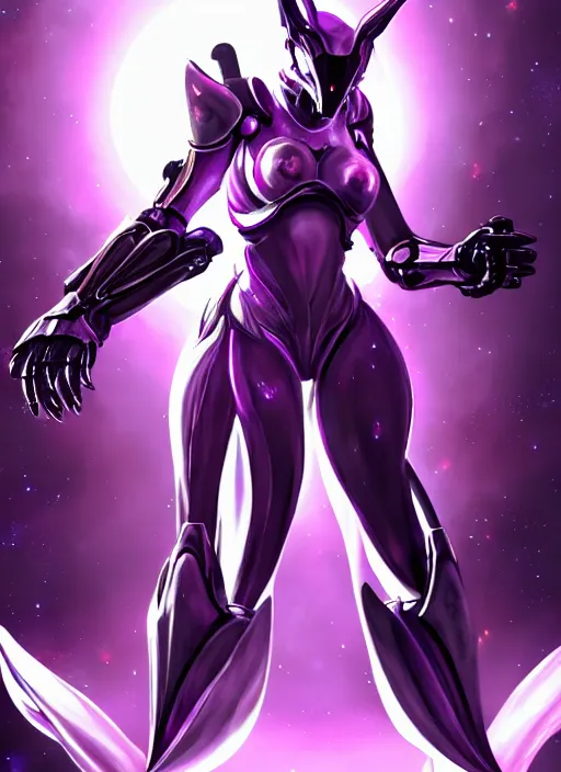 Image similar to cinematic body shot, galactic sized goddess, proportional stunning beautiful hot female warframe, sleek mecha female dragon head, metal ears, led purple eyes, smooth fuschia skin, smooth silver armor, floating in space, holding a galaxy, epic proportions, epic size, epic scale, furry art, dragon art, giantess art, warframe fanart, furaffinity, octane