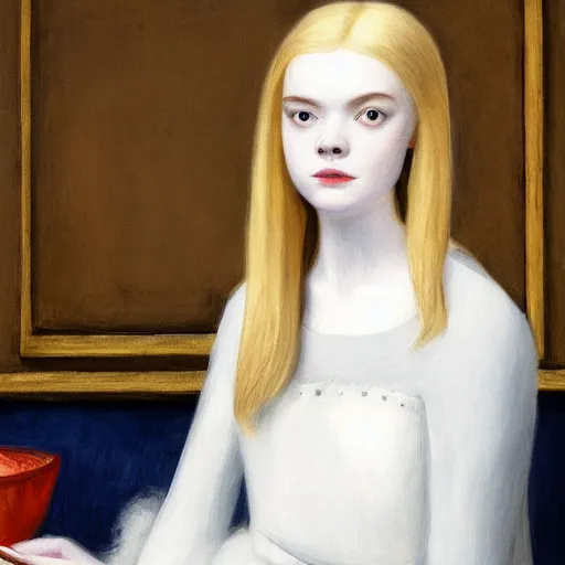 Image similar to Painting of Elle Fanning in medieval France, long blonde hair, delicate, pale milky white porcelain skin, by Edward Hopper. 8K. Extremely detailed.