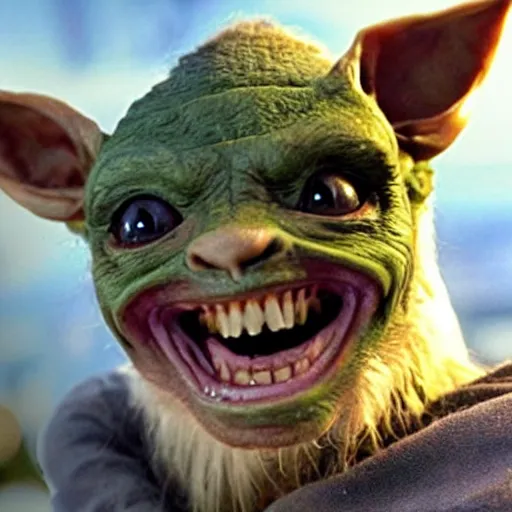 Prompt: a film still of gremlin grinning evily with a scar on its face in star wars realistic, detailed