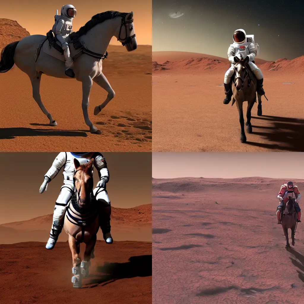 Prompt: A astronaut riding a horse on Mars, photorealistic, 4K