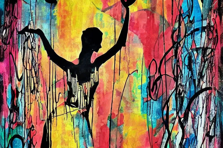 Image similar to abstract background for the summer. tribal dance theme. modern design, painting for a wall, contemporary art deco print. ink brush strokes, brushes, lines, woman silhouette, grungy. dirty artistic elements. acrylic art, in the style of danny mcbride and / or knyazev konstantin